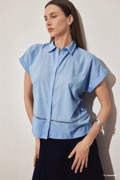 Regular Fit Shirt Collar Voile Short Sleeve Shirt (٣)