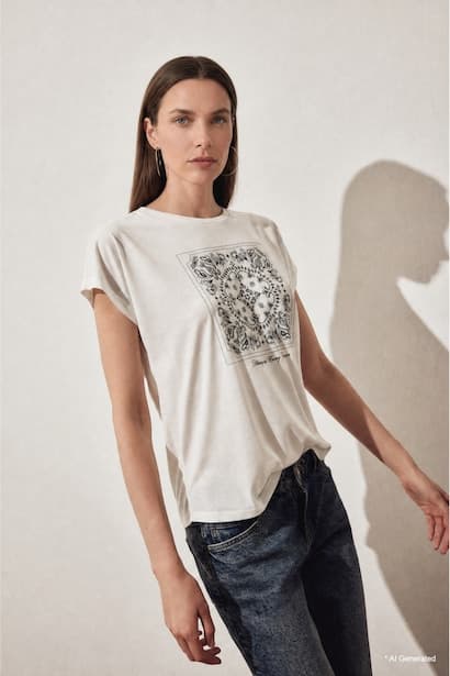 Woman Regular Fit Ecru Printed Crew Neck Short Sleeve T-Shirt (٣)