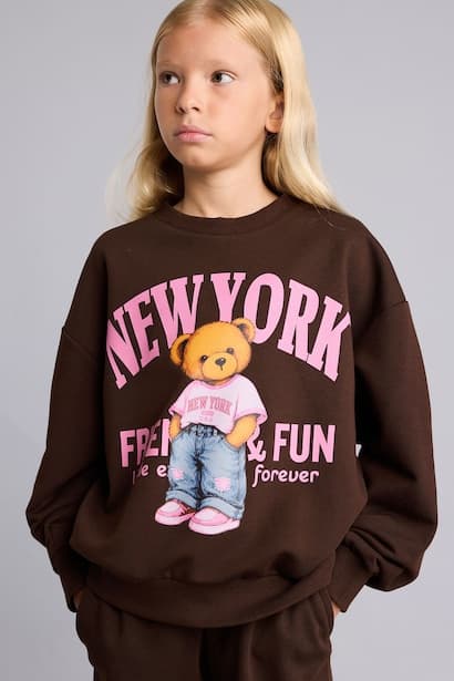 Girl Relax Fit Teddy Bear Print Sweatshirt