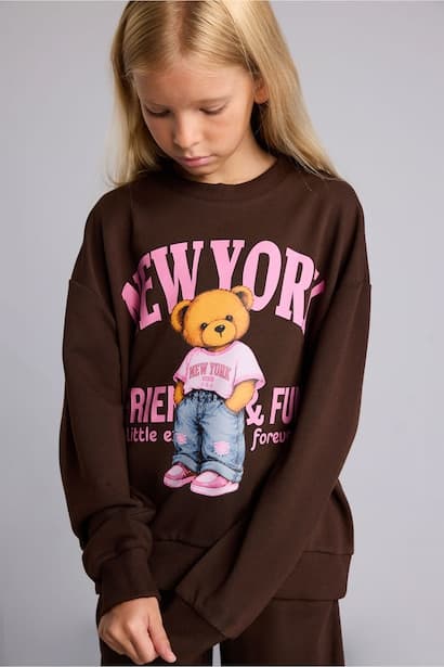 Girl Relax Fit Teddy Bear Print Sweatshirt (٣)