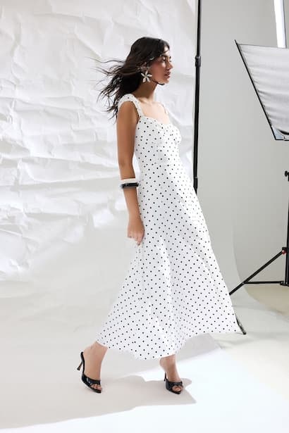 Heart Neck Polka Dot Crepe Strappy Midi Dress