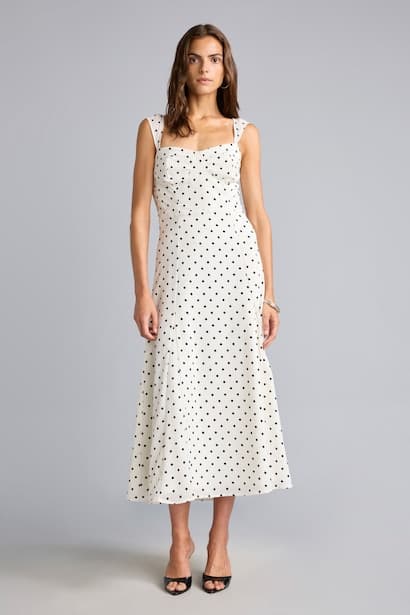 Heart Neck Polka Dot Crepe Strappy Midi Dress (٤)