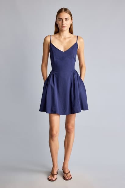 V-Neck Linen Blend Strappy Mini Dress