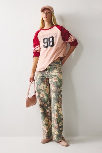 100% Cotton Floral Straight Leg Gabardine Trousers