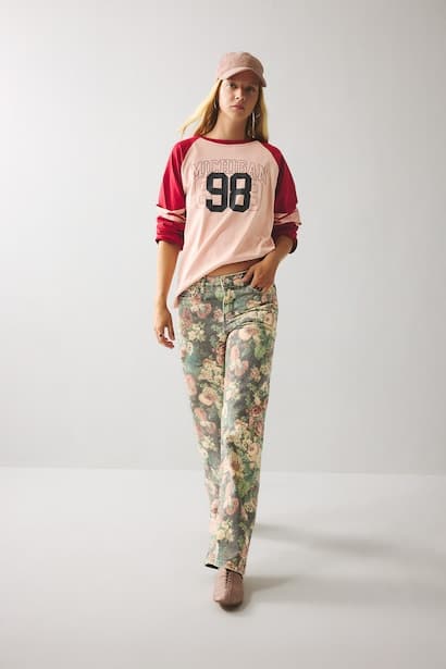100% Cotton Floral Straight Leg Gabardine Trousers (3)
