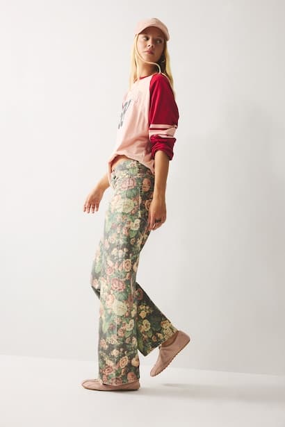 100% Cotton Floral Straight Leg Gabardine Trousers (4)
