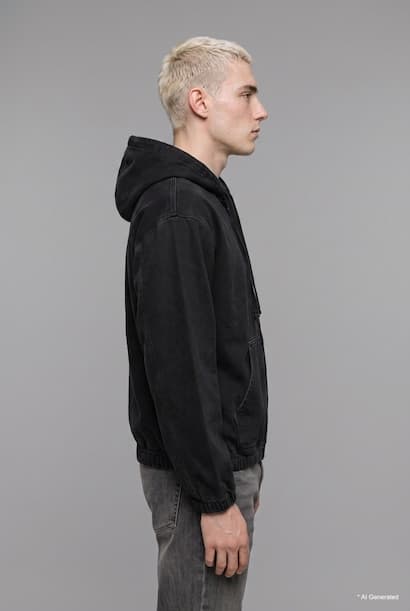 Oversize Fit Hooded Denim Zip-Up Jacket (٣)