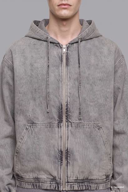 Oversize Fit 100% Cotton Hooded Zip-Up Jacket Denim  Jacket (٤)