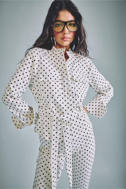 Fitted Fit Ecru Polka Dot Poplin Mandarin Collar Long Sleeve Shirt