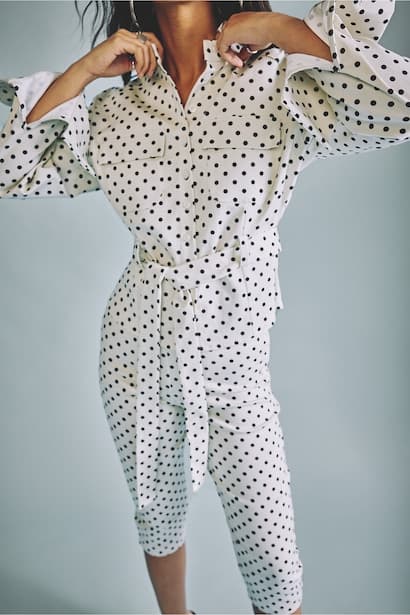 Fitted Fit Ecru Polka Dot Poplin Mandarin Collar Long Sleeve Shirt (3)