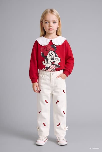 Baby Girl 100% Cotton Embroidered Bow Regular Fit Gabardine Trousers