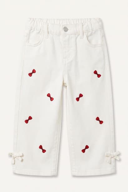 Baby Girl 100% Cotton Embroidered Bow Regular Fit Gabardine Trousers (٤)