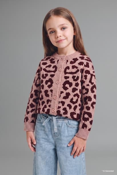 Baby Girl Basic Leopard Print Crew Neck Knit Cardigan