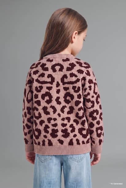 Baby Girl Basic Leopard Print Crew Neck Knit Cardigan (٣)