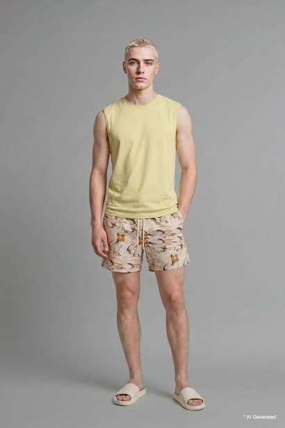 Elastic Waist Patterned Beige Swim Shorts Swimming Short