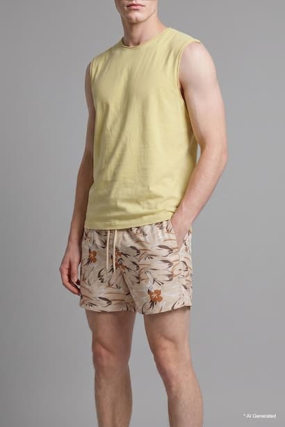 Elastic Waist Patterned Beige Swim Shorts Swimming Short (٣)