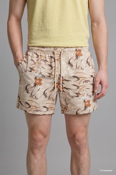 Elastic Waist Patterned Beige Swim Shorts Swimming Short (٤)