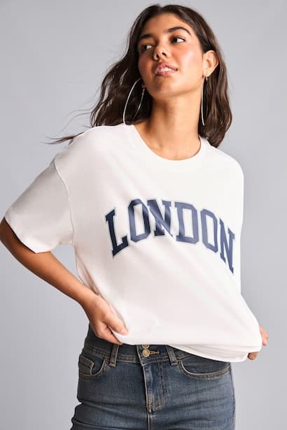 Oversize Fit Printed 100% Cotton Boat Neck Short Sleeve T-Shirt (٣)
