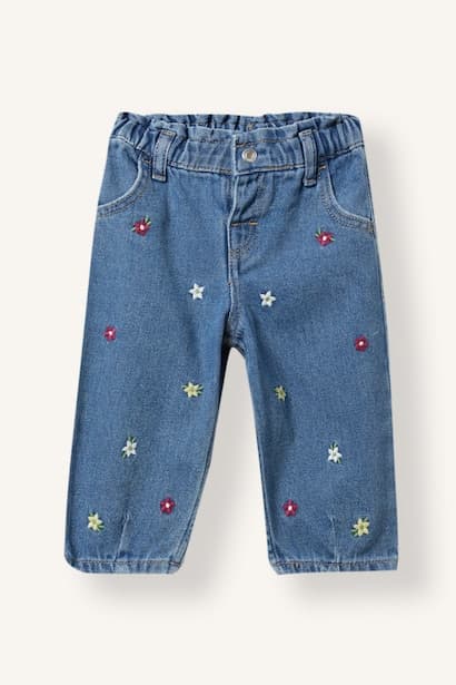 Girl 100% Cotton Floral Embroidered Baggy Fit Jeans