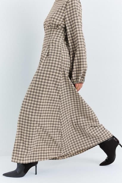 Fitted Patterned Long Sleeve Stand Collar Dress (3)
