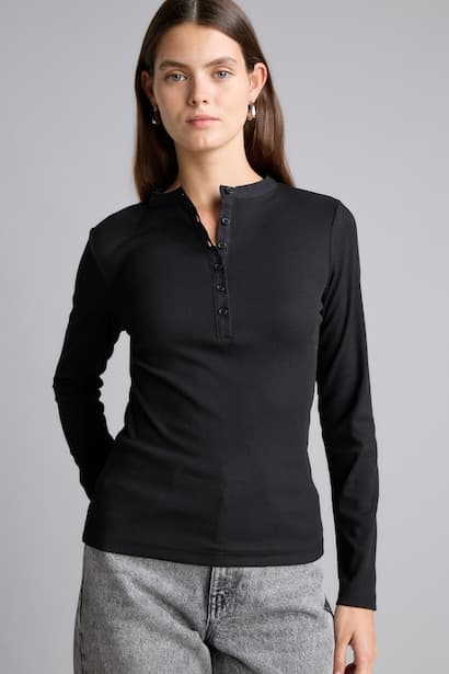Fitted Basic Henley Neck Long Sleeve T-Shirt