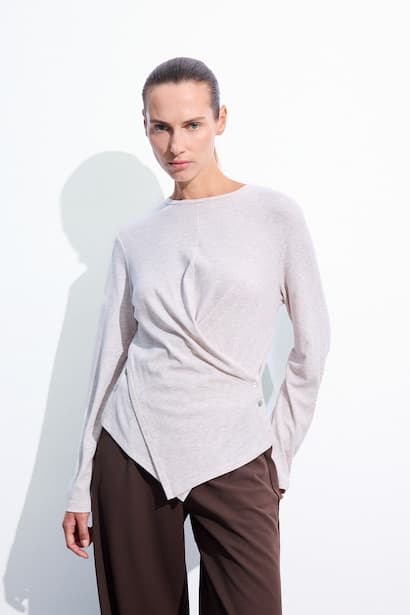 Regular Fit Asymmetric Ribbed Jersey Long Sleeve T-Shirt with Cross-Over Detail