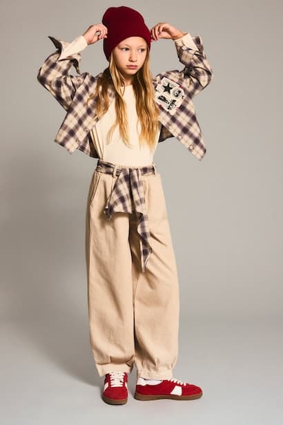 Girl 100% Cotton Plaid Barrel Fit Gabardine Trousers