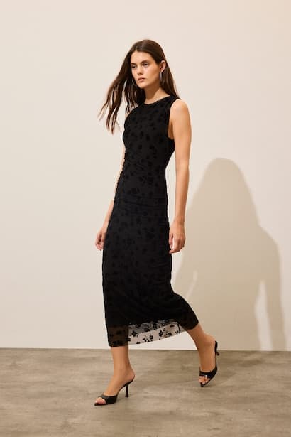 Crew Neck Floral Gathered Tulle Sleeveless Midi Dress