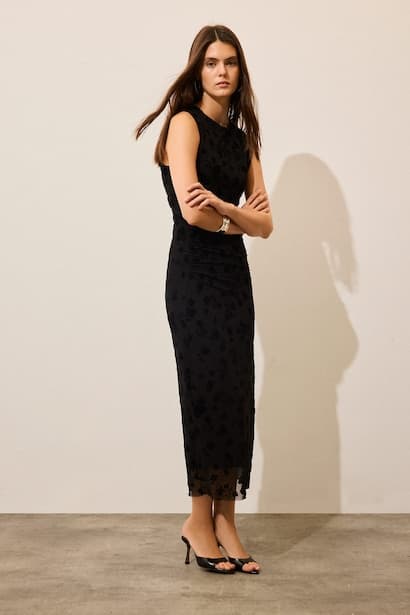 Crew Neck Floral Gathered Tulle Sleeveless Midi Dress (3)
