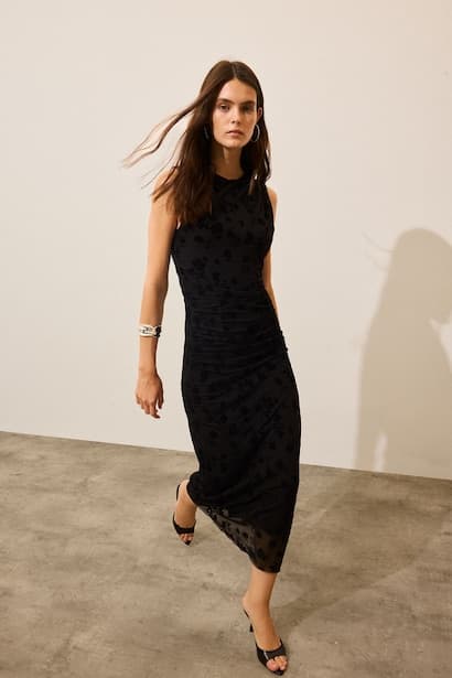 Crew Neck Floral Gathered Tulle Sleeveless Midi Dress (4)