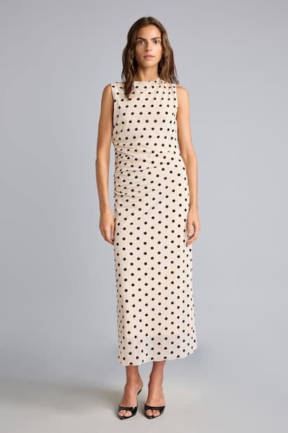 Crew Neck Polka Dot Gathered Tulle Midi Dress