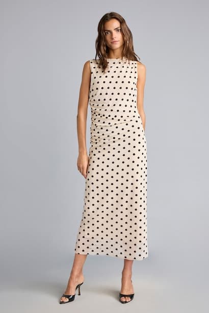 Crew Neck Polka Dot Gathered Tulle Midi Dress (٣)