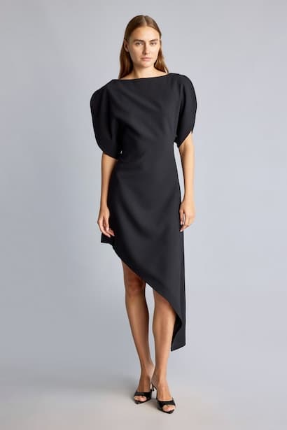 Asymmetric Boat Neck Short Sleeve Crepe Midi Dress