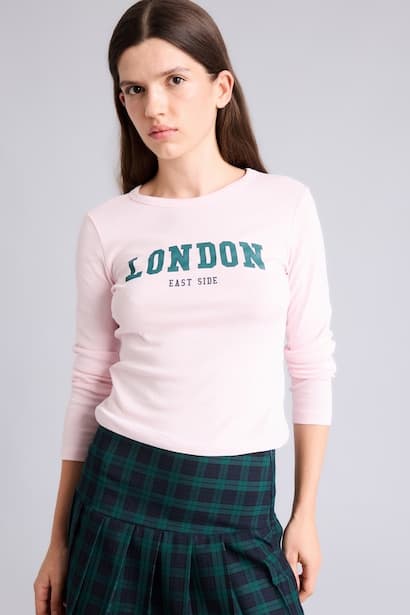 Fitted Printed Ribbed Crew Neck Long Sleeve T-Shirt