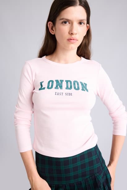 Fitted Printed Ribbed Crew Neck Long Sleeve T-Shirt (٤)