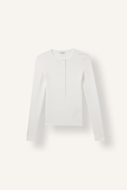 Fitted Basic Ribbed Henley Neck Long Sleeve T-Shirt