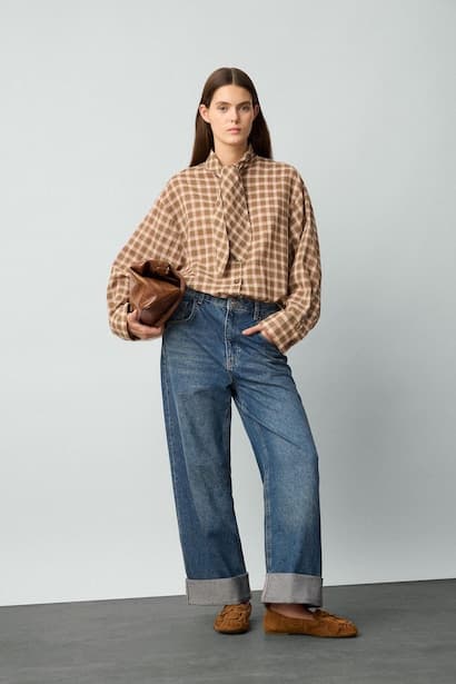 Oversize Plaid Flannel Scarf Collar Shirt (٣)