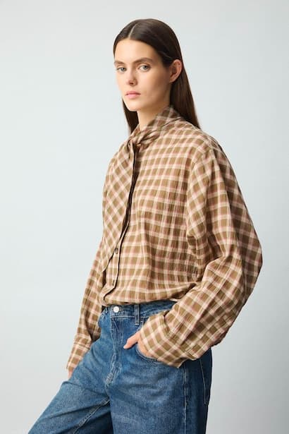 Oversize Plaid Flannel Scarf Collar Shirt (٤)