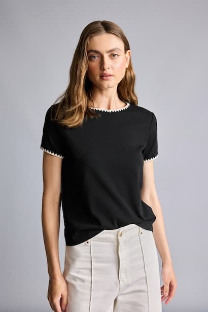 Slim Fit Ribbed Crochet Collar Short Sleeve Knit T-Shirt (٣)