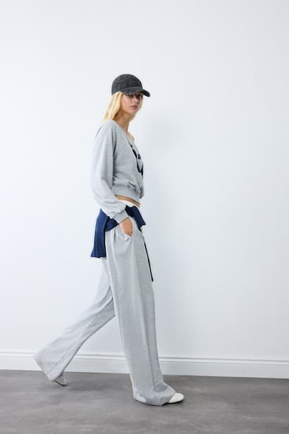 Wide Leg Kalın Sweatshirt Kumaşı Trousers (٣)