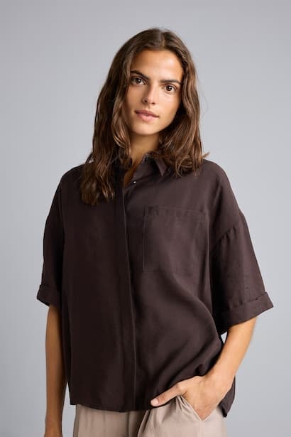 Overshirt Fit Modal Single Pocket Short Sleeve Shirt (٣)
