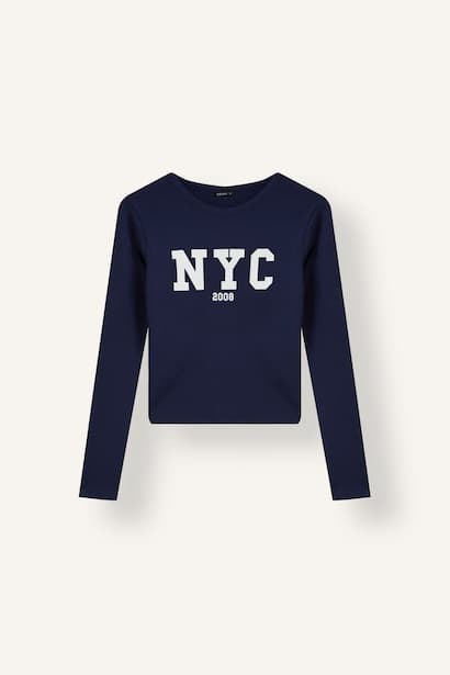 Fitted Printed Ribbed Crew Neck Long Sleeve T-Shirt