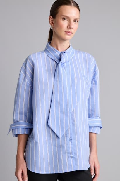 Oversize Fit Bowtie Poplin Striped Long Sleeve Shirt
