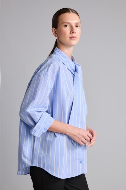 Oversize Fit Bowtie Poplin Striped Long Sleeve Shirt (٣)