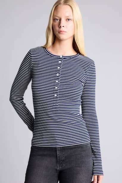 Fitted Ribbed Cotton-Blend Striped Button-Up Henley Neck Long Sleeve T-Shirt