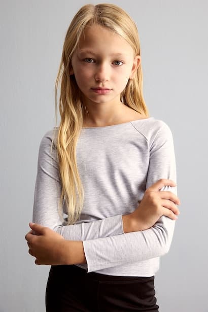 Girl Slim Fit Big Collar Raglan Sleeve Basic T-Shirt (٤)