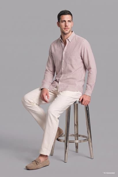 Regular Fit Fine-Striped Cotton Long Sleeve Shirt (٤)