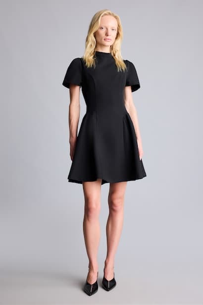 Mock Neck and Ruched Sleeves Flared Dress