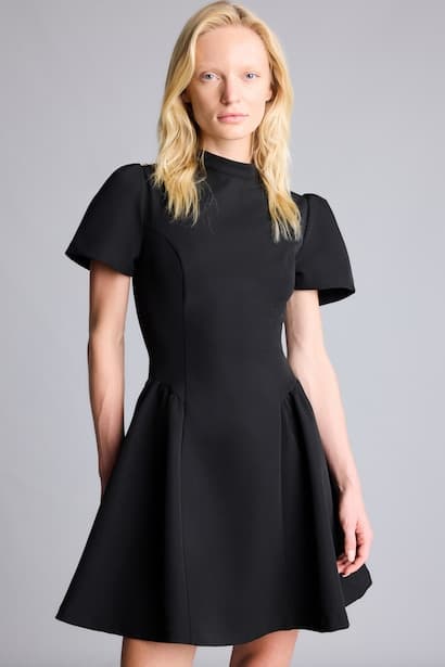 Mock Neck and Ruched Sleeves Flared Dress (٣)