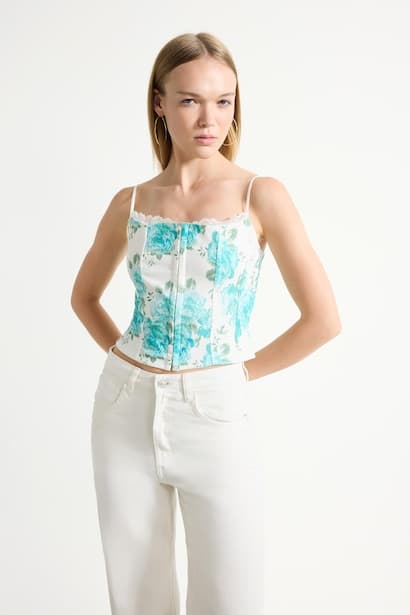 Fitted Printed Lace-Up Corset Lace Detail Bustier Tank Top & Crop Top